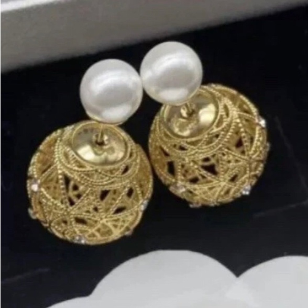 Dior Pearl Earrings gold pearls cannage framework tribal Tribales round studs